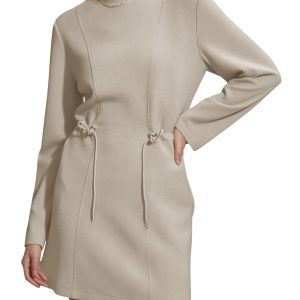 COCOMARTS Womens Long Sleeve Crewneck Sweatshirt Dress Drawstring Waistband Casual Tunic Tops Mini Dresses 2025 Fall Clothes Khaki Medium